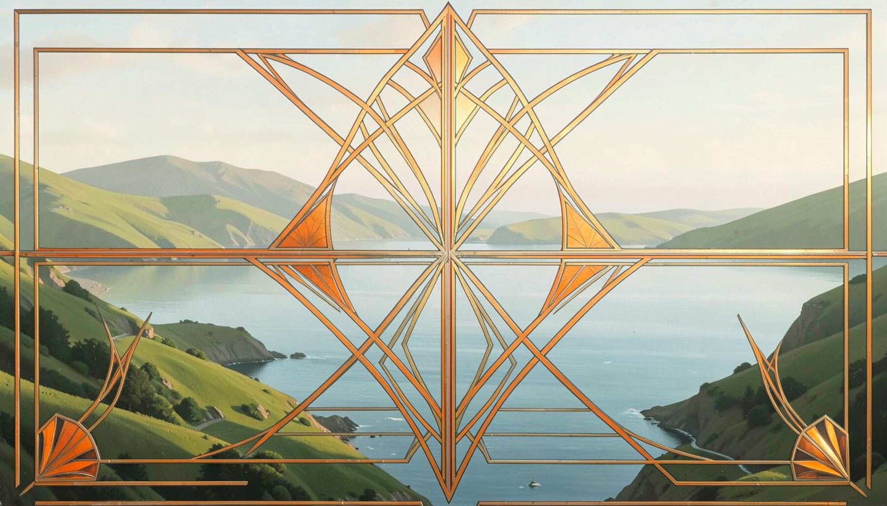 A sweeping coastal landscape with soft green hills meeting the sea under a pale sky, calm and reflective in mood