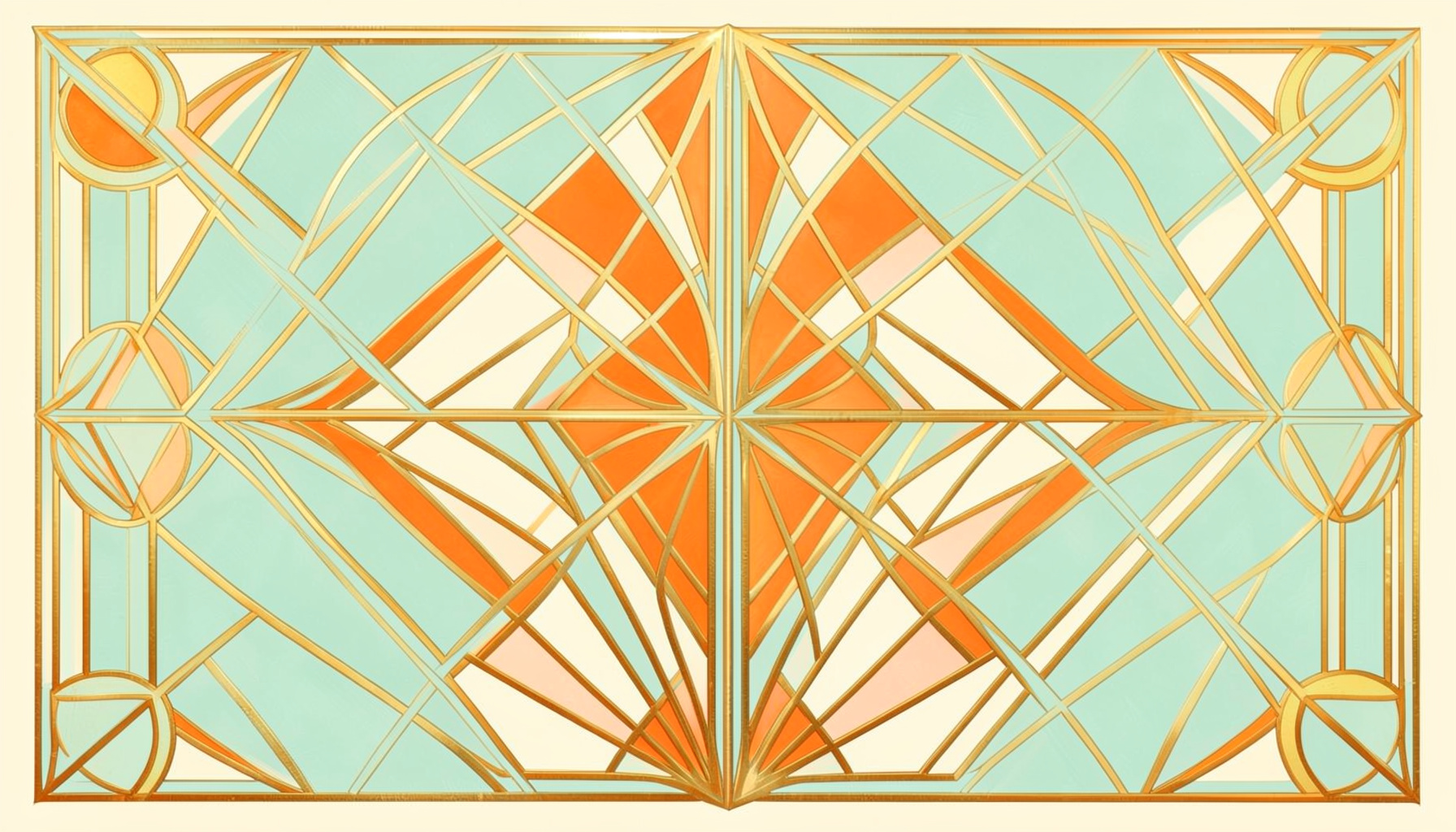 An art-deco geometric composition with symmetrical motifs in warm gold, cream, and soft teal tones, evoking a sense of literary elegance
