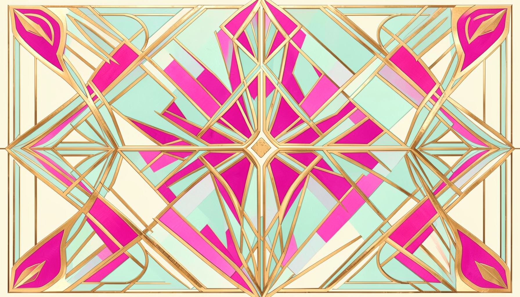 An art-deco geometric composition with symmetrical motifs in warm gold, cream, and soft teal tones, evoking a sense of literary elegance